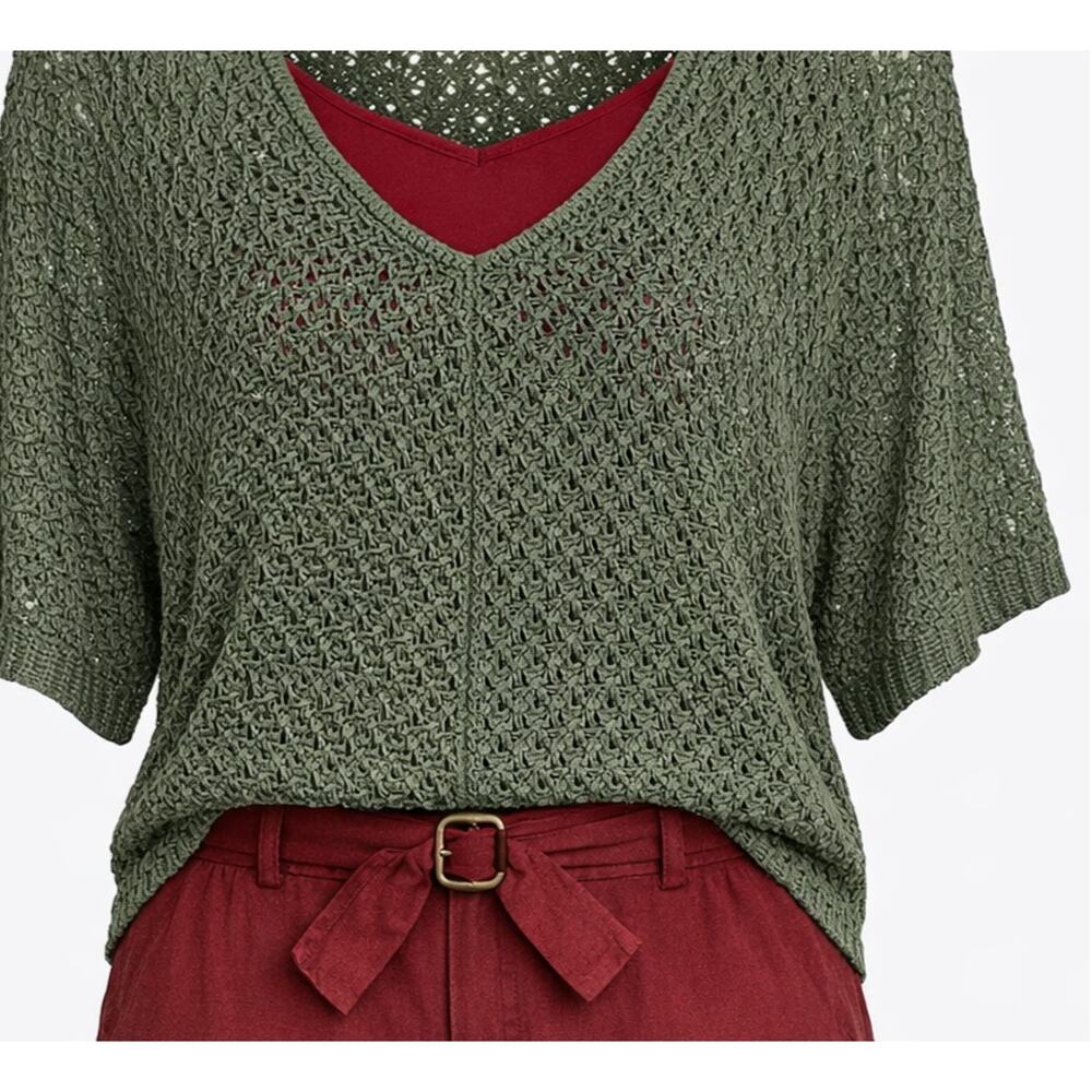 Boho Crochet Open-Knit Tunic | Airy Olive Green Sheer Top Faded Glory XL